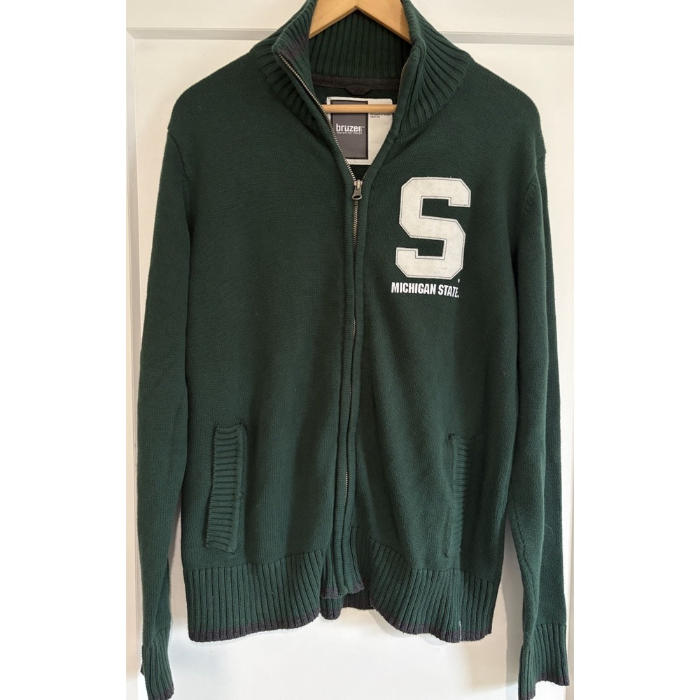 Bruzer Michigan State Spartans Sweater Mens Medium Full Zip Green Cotton Knit M